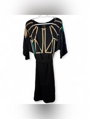 Diesel Black Gold Black Midi Dress with Beige Geometric Lines and Green Accents